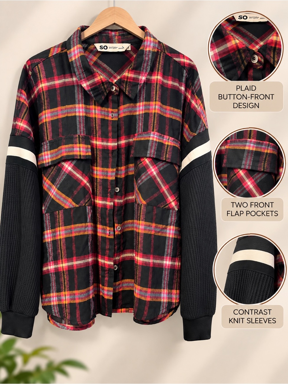 SO Black, Red & Orange Plaid Button-Down Shirt with Contrast Knit Sleeves